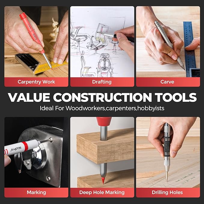 Nicpro 24PCS CP3000 Mechanical Carpenter Pencil Set with Sharpener & Sheath, Lead Refills, Long Nib Marker, Center Punch, Carbide Scribe Tools, Heavy Duty Construction Pencil for Architect Woodworking