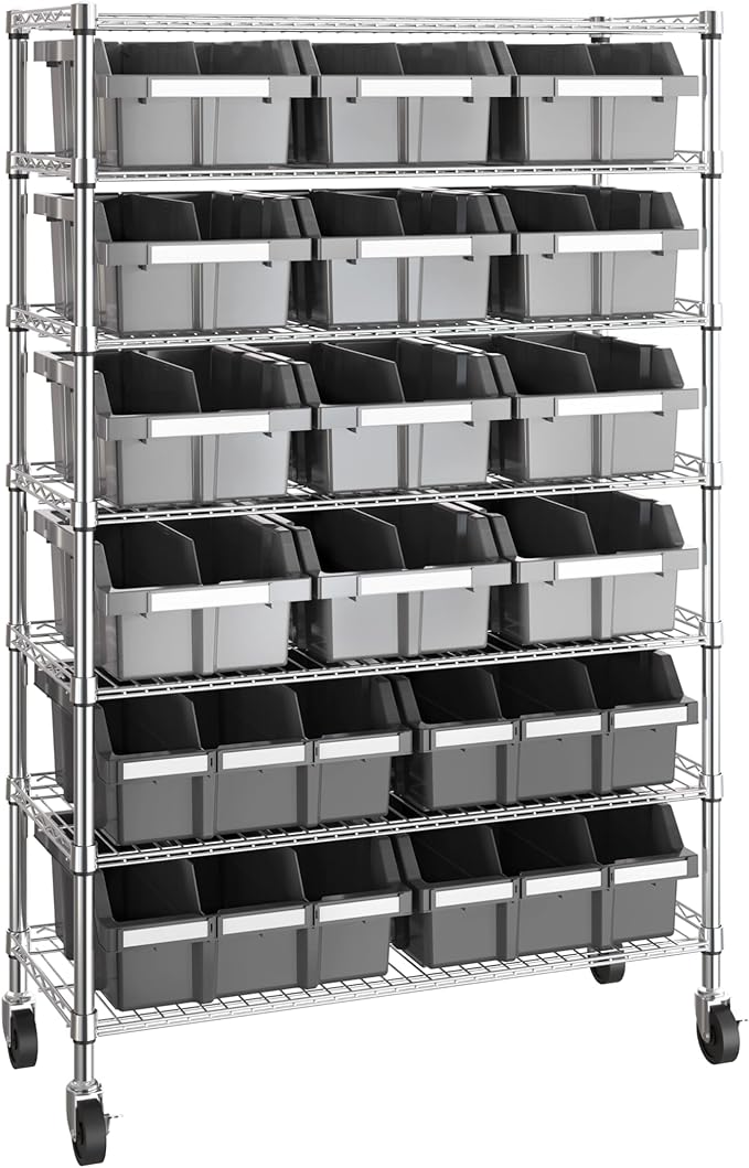Seville Classics Heavy Duty NSF Bin Rack Solid Steel Wire Shelving Storage Unit, Patented Organizer for Garage, Warehouse, Office, Restaurant, Classroom, Kitchen, Gray, Includes 16 Bins