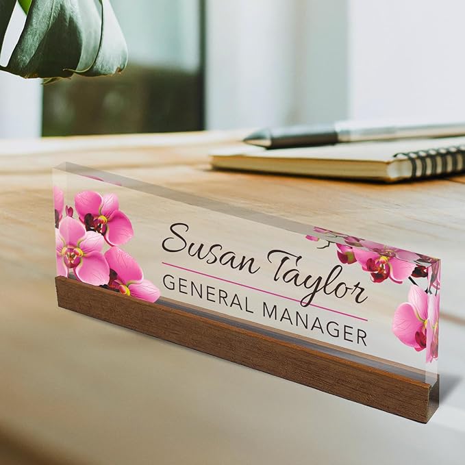 Artblox Office Personalized Name Plate for Desk with Business Card Holder On Clear Acrylic Glass Orchids Flowers Design Custom Desk Name Plate with Your Name and Credentials Customized Gift
