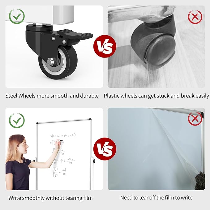 Rolling Whiteboard, Double Sided Magnetic Dry Erase Board Height Adjustable Whiteboard with Stand for Home Office Classroom (48" x 32")