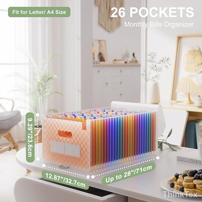 ThinkTex 26 Pockets Expanding File Folders, Accordion File Organizer with Expandable Cover, Monthly Bill Receipt Documents Organizer, A-Z Colorful Tabs, Letter/A4 Size -Orange
