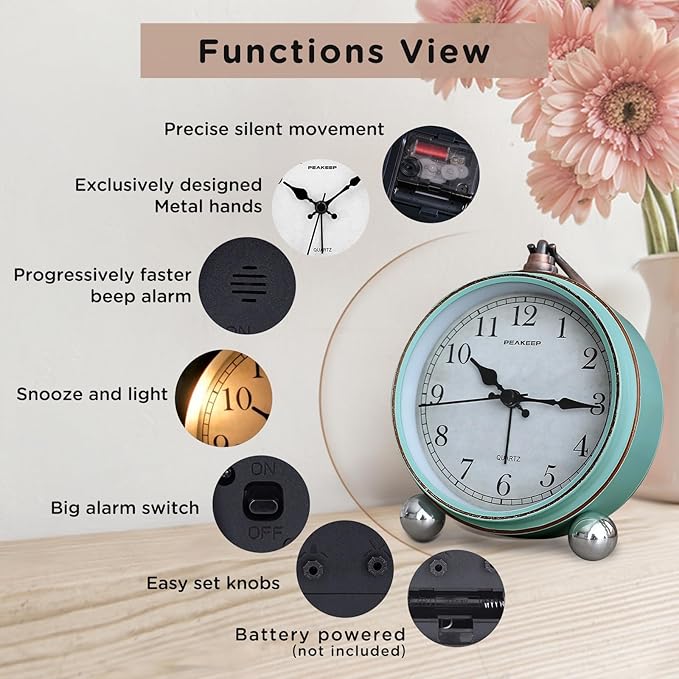 Peakeep 4" Small Battery Operated Antique Retro Analog Alarm Clock for Room Decor, Silent Elegant Bedside Desk Table Gift Clock