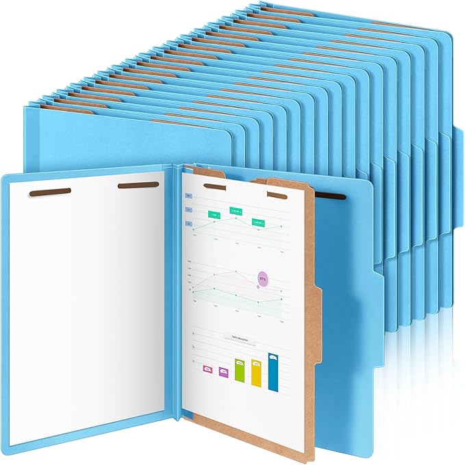 Skyygemm 60 Pcs Classification Folders Letter Size, 1 Divider Pressboard File Folder with Fasteners, Expanding Tax File Organizer Bulk for Teachers, Office, Church, Christmas Donations (Blue)