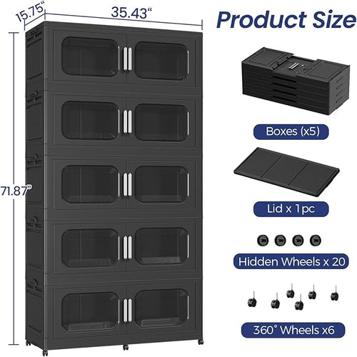 250GAL Extra Large Storage Bins with Lid, 1000QT Storage Bins with Wheels, Folding Closet Organizer, Stackable Collapsible Plastic Storage Containers for Home, Office, Kitchen, 5Pack Black