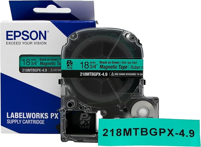 Epson LABELWORKS 218MTBGPX-4.9 Genuine Magnetic Tape Cartridge - Black on Green Magnet Label Maker Tape - 3/4" (18MM) Wide, 4.9 ft, Green