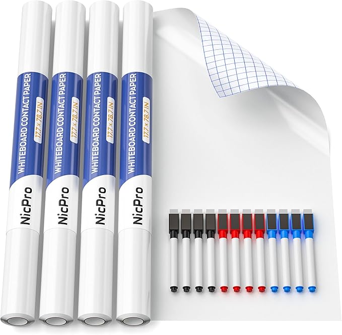 Nicpro 4 Pack Dry Erase Whiteboard Sticker Wall Decal, 17.7" X 78.7"(6.5 ft) Self-Adhesive White Board Peel Stick Paper to Do List with 12PCS Water-Based Pens for School, Office, Home, Kids Drawing