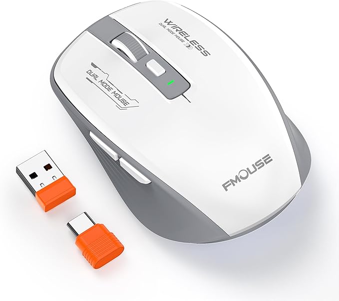 Bluetooth Mouse, Bluetooth 5.1 + 2.4GHz USB + USB-C Dongle, Wireless Mouse Tri-Mode, with Forward/Backward Side Keys, Silent Click, Side Buttons, Portable for Laptop, Mac, iPad (Gray White)
