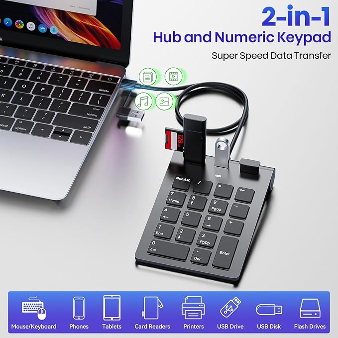2-in-1 Number Pad & USB Hub with USB-C and USB-A Cables, 15° Ergonomic Wired Numpad with 3 USB 2.0 Ports , Number Keypad for Laptop/iPad/MacBook/PC/Windows/MacOS,No Adapter Needed USB Number Keypad