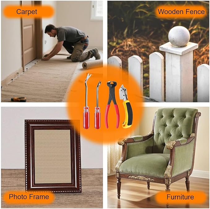 INBWENH 4Pcs Upholstery Staple Remover Tool Set Nail Puller, Staple Puller Set Including End Cutting Plier, Tack Pullers, Carpet Remover, Removing Staples from Construction Furniture Floor Wall Wooden