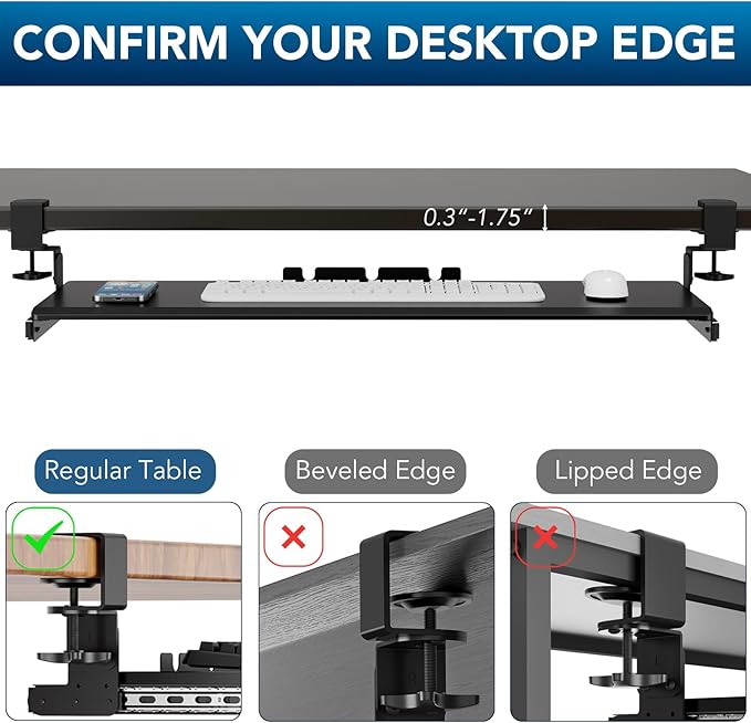 AX WABER Keyboard Tray Under Desk Pull Out with 3 Height Adjustable Extra Sturdy C Clamp Mount System, 32.8 (38 inch Including Clamps) x 12 Inch Slide-Out Platform Computer Drawer for Typing