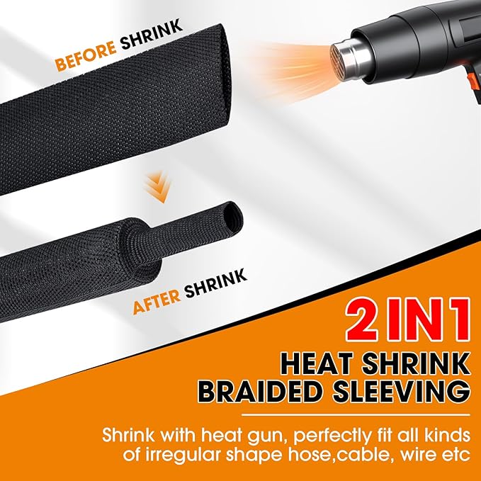 Black 2:1 Ratio Automotive Heat Shrink Braided Sleeving,Wear-Resistant Flat Woven Shrinkable Sleeve Fabric Car Cable Wires Hoses Protection (1"-66ft)
