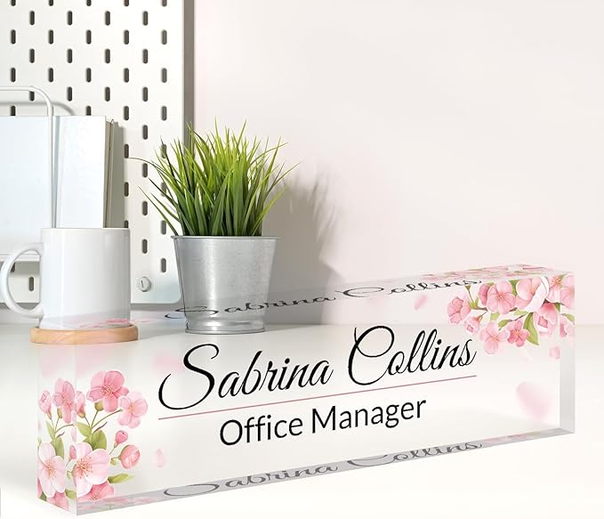 Name Plate for Desk, Desk Name Plate Personalized, Pink Office Decor for Women Men, Acrylic Desktop Accessories, Office Gifts for Boss Nurse Teacher Coworker, Employee Appreciation Gift (Flowers A)