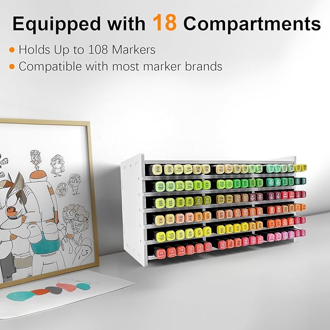 Marker Storage Organizer, Marker Holder for 108 Markers, Pens, Watercolor Brushes, and Colored Pencils – Desktop Art Supply Organizer for Home, Office, and Classroom