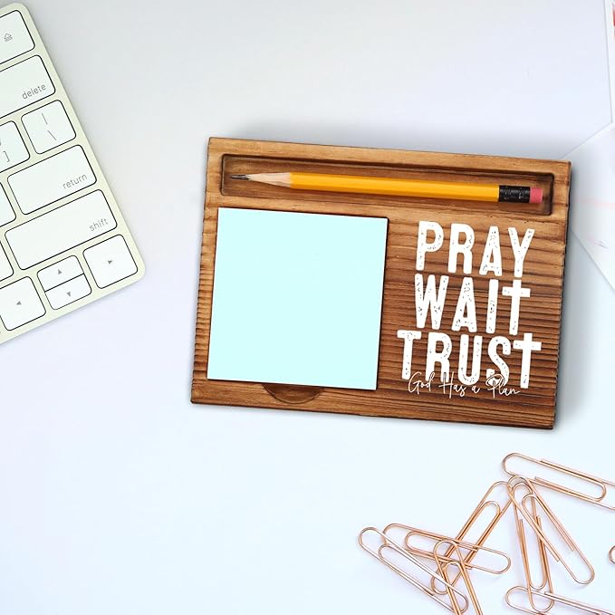 Pray Wait Trust Sticky Note Holder, God Has a Plan Christian Desk Gift, Inspirational Religious Office Decor for Women, Men, Coworkers, Wooden Bible Verse Note Pad Holder ZSS79