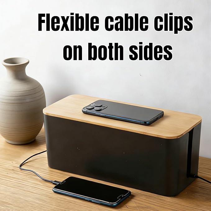 1Large+1Small Cable Organizer Set-2-Piece Home Office Desk Wire Management Storage Box,Cable Storage Box(Bamboo lid/Black)