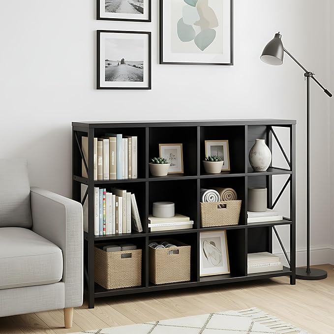 12 Cube Storage Organizer Bookshelf, Industrial Horizontal Bookcase, Accent Cubby Shelf, Corner Bookcase for Living Room, Home Office, 11.8" D x 47.6" W x 38.2" H, Black