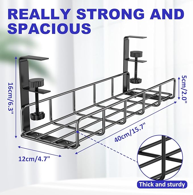Under Desk Cable Management Tray, 31.5'' No Drill Steel Cable Tray Organizers, Wire Management Tray Cable Rack with Clamp Mount, Metal Under Desk Tray with Wire and Cord Organizer (Black, 1 Pack)