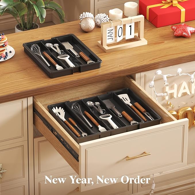 Lifewit Utensil Organizer for Kitchen Drawers, Expandable Cooking Utensil Tray, Adjustable Cutlery Silverware Flatware Holder, Plastic Spatula Tools and Gadgets Storage Divider, Black, 11"-18" x 14"