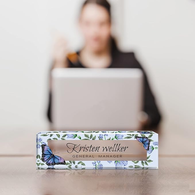 Personalized Office Name Plate for Desk, Custom Employee Appreciation Gifts, Acrylic Desk Name Plate Funny, Desk Decorations Gift, Acrylic Desk Ornaments (Purple Blue Butterfly)