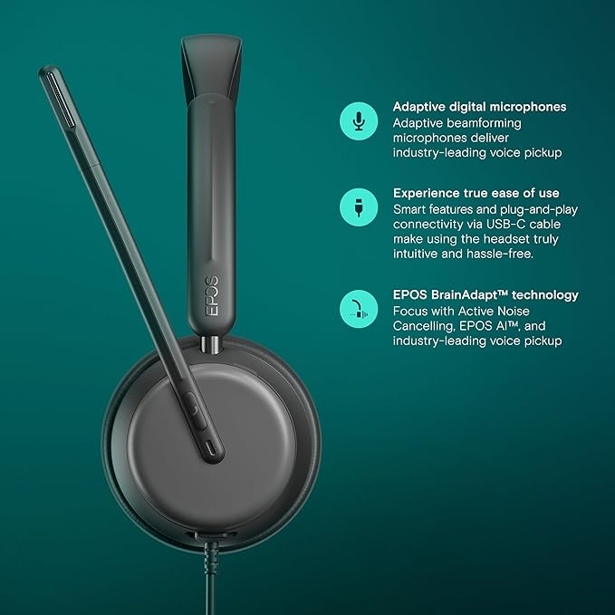 EPOS Impact 860 ANC Double-Sided Wired Headset with Active Noise Cancellation, USB C and USB A, Super Wideband, Lightweight, Comfortable Fit, Microsoft Teams & Zoom Compatible for Office & Remote Work