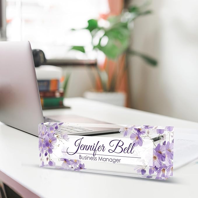 Personalized Name Plate for Desk, Custom Desk Name Plate, Acrylic Name Plate Office Desk Accessories, Personalized Office Gifts for Coworkers Teachers, Employee Appreciation Gifts (Purple Ink)