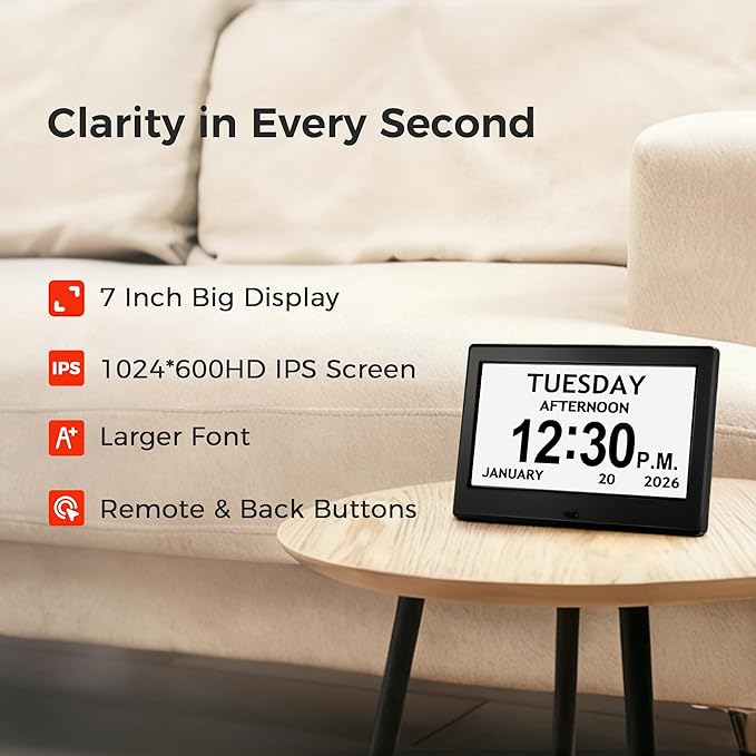 7'' Digital Clock, Dementia Clock With Date And Time, 10 Reminders, 6 Alarms, Auto-Dimming, Auto DST, Remote Control, Large Display Alarm Clock For Seniors, Gifts For People With Dementia, Alzheimers