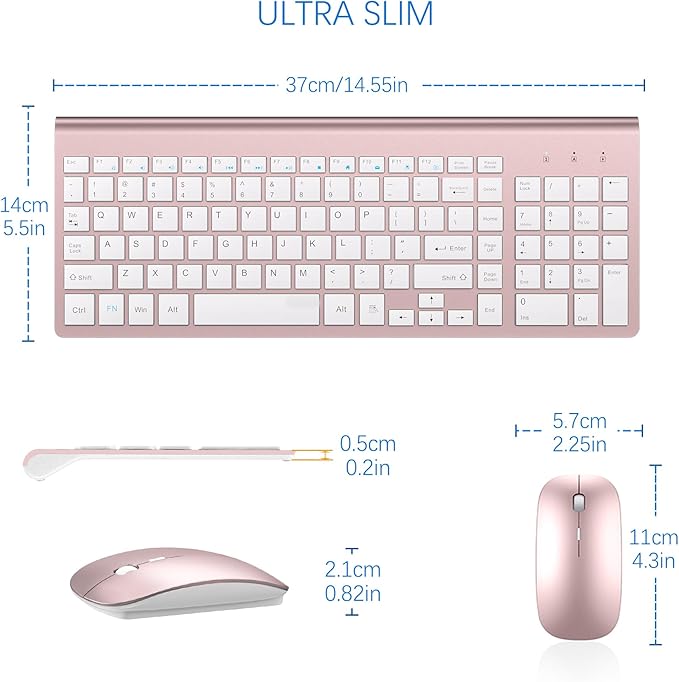 Wireless Keyboard and Mouse Ultra Slim Combo, TopMate 2.4G Silent Compact USB 2400DPI Mouse and Scissor Switch Keyboard Set with Cover, Batteries Included, for PC/Laptop/Windows/Mac - Rose Gold White