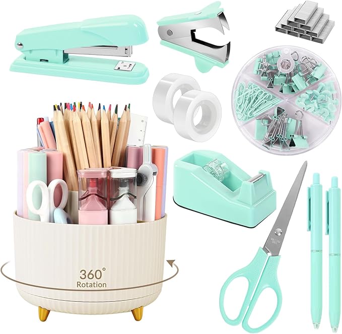 SKYDUE Teal Office Supplies Set, Office Desk Accessories 10Pcs, Pencil Holder for Desk, Stapler, Tape Dispenser, Scissors, Clips and 1000pcs Staples, School Supplies for Teacher