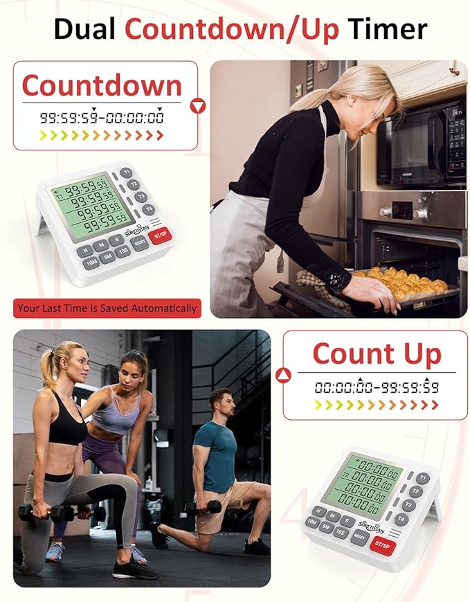 Digital Kitchen Timer for Cooking - 4 Channel Count Up Countdown Timer with Loud Alarm and Silent Mode, Large Display, Magnetic Back, Auto Memory for Classroom Study Gym, Battery Included (White&Grey)