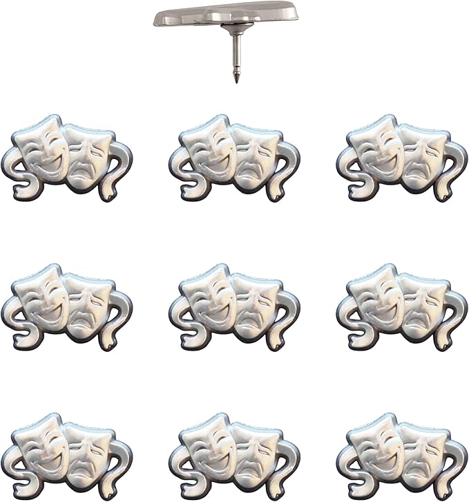 Comedy and Tragedy Masks Push Pins - Silver Theater Mask Map Pins for Cork Boards, Maps, or Lapel Use - Designed in USA - Set of 10