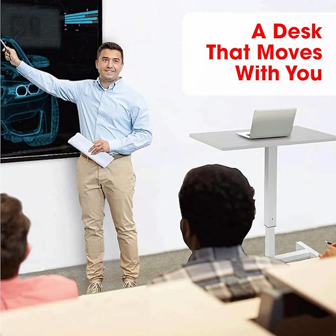FitDesk Portable Laptop Desk, Rolling Standing Workstation Adjustable Height, Compact Standing Table with Large Surface, Small Stand Desk for Home Office, 30 lb Weight Limit – White, 27" Tabletop