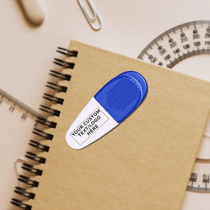 50 Magnetic Memo Holders Set - Customizable Text, Logo - Large Clip, Plastic - White Blue