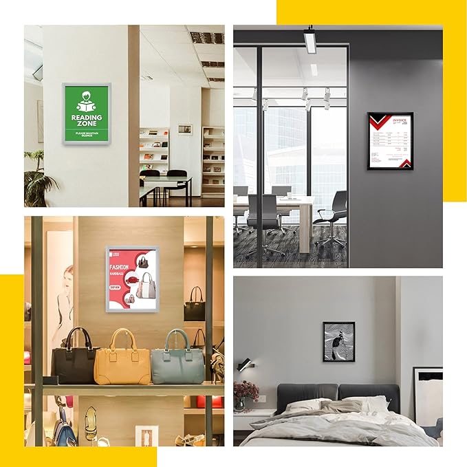 Acrylic Magnetic Sign Holder, Easy-Opening 8.5 x 11 Wall Mount Display Frames, Self Adhesive Back Plastic Clear Document Frame, Horizontal & Vertical Display (Black, 3Pack)