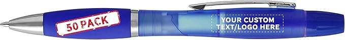 DISCOUNT PROMOS Personalized Two in one Highlighter Pens - 50 pack - Plastic Pens - Customizable Text, Logo - Blue