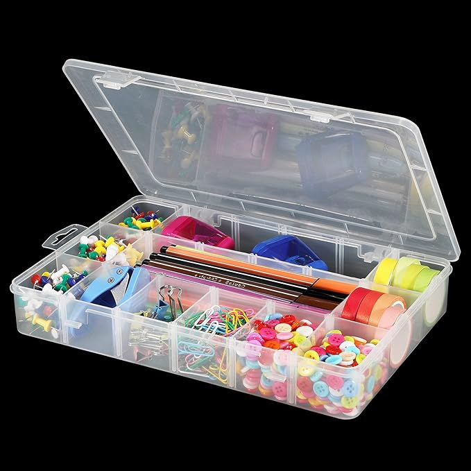 18 Grids Plastic Organizer Box with Dividers, Clear Compartment Container Storage for Washi Tapes Beads Crafts Jewelry Fishing Tackles, Size10.8 x 7.7 x 1.7 in
