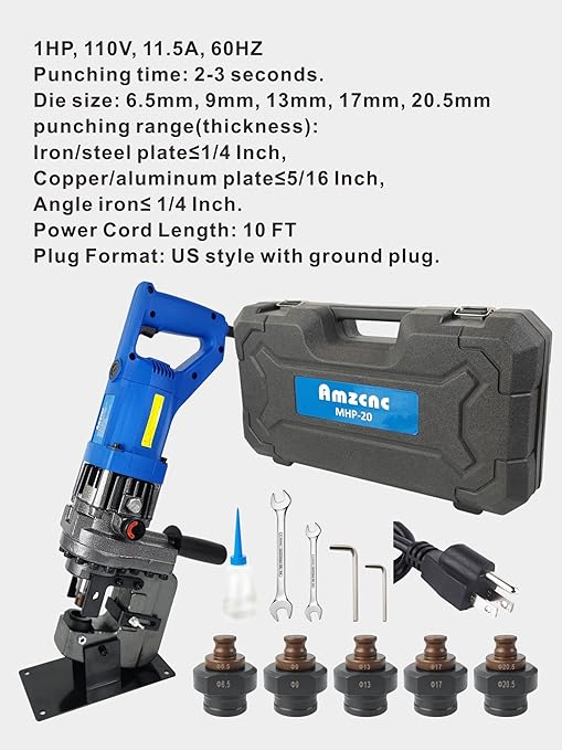 AMZCNC 110V 1200W Electric Hydraulic Hole Puncher Φ1/4"-4/5" Punching Machine Metal Hole Punch with Carbon Brush 5 Dies for Iron Copper Aluminum Plate Angle Steel