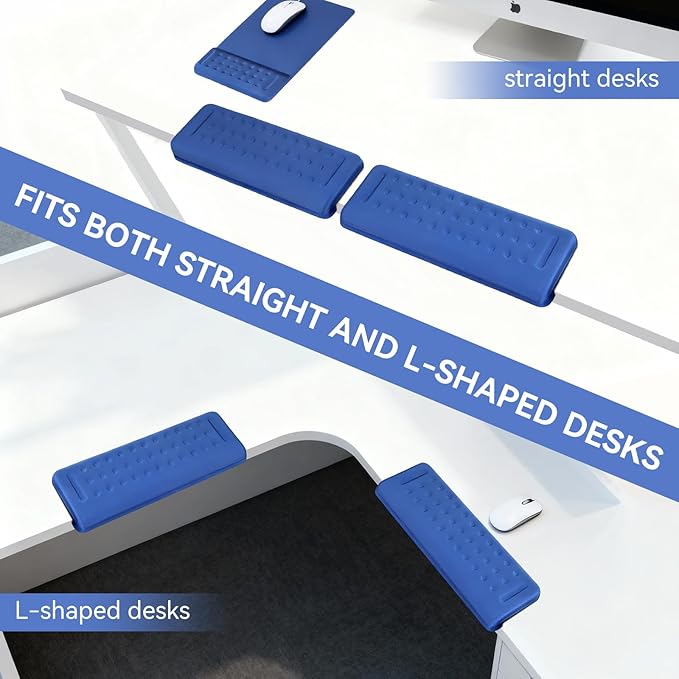 L-Shaped Desk Edge Cushion & Mouse Pad with Wrist Rest, 3-Piece Ergonomic Keyboard Wrist Support Set, Non-Slip Suction Cups, Massage Dot Design for Airflow, Dark Blue for Office and Gaming