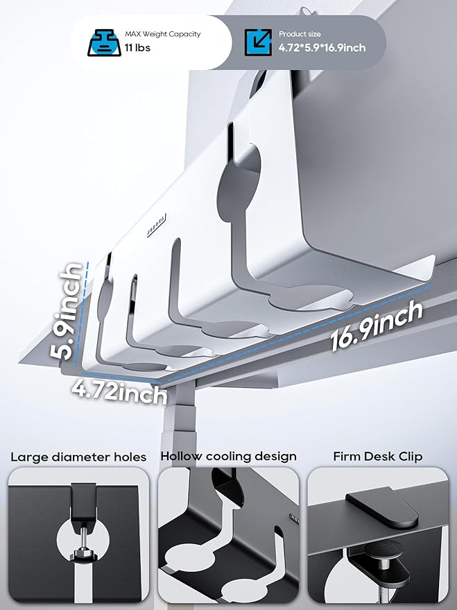 NODOCA No Drill Under Desk Cable Management Tray, 17'' Wire Management, Punch-Free Clamp on, Metal Cable Tray, Wire Organizer Under Desk, Under Dessk Basket for Office and Home, White
