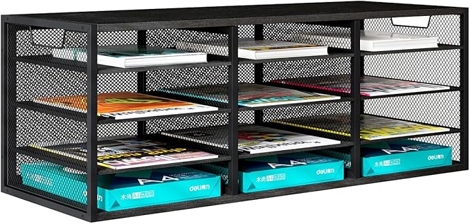 PAG Desktop Mail Sorter, Industrial Countertop Heavy Duty Literature Organizer, Student Mailbox for Classroom, Bill Paper Holder Rack for Office Home School, 12 Compartments, Black