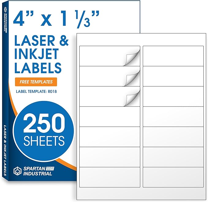 4" X 1 1/3" Matte White Printable Labels for Inkjet and Laser Printers - 250 Sheets, 3500 Address, Mailing, Shipping Labels for File Folders and Organization - Spartan Industrial Template R018