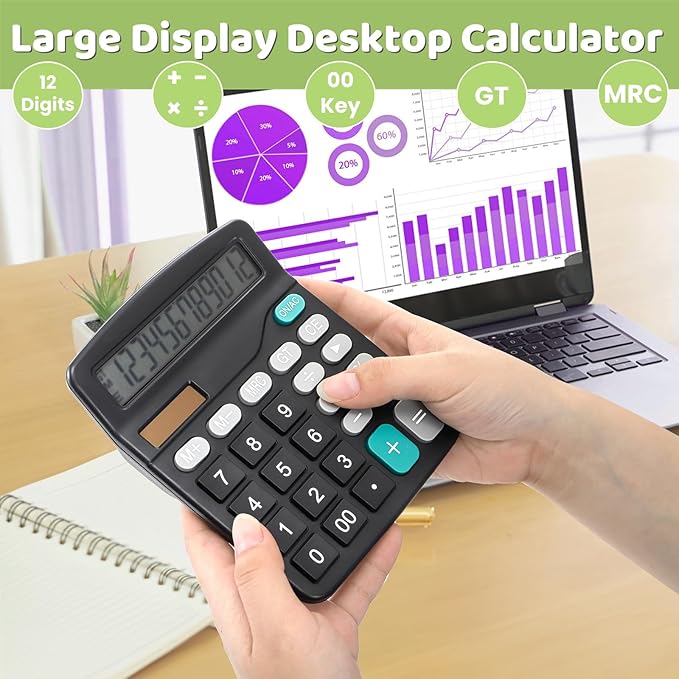 8 Pack Desktop Calculator 12 Digit, Solar Battery Basic Calculators, Dual Power Electronic Calculators with Large LCD Display, Sensitive Button Handheld Calculator for Office Home School, Black
