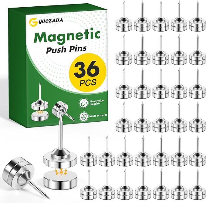 GOOZADA 36 Pack Magnetic Pushpins, Silver Magnet Thumb Tacks, Metal Magnet Tacks, Decorative Pushpin Clip, Push Pins for Bulletin Board, Cork Board, Wall, Photo