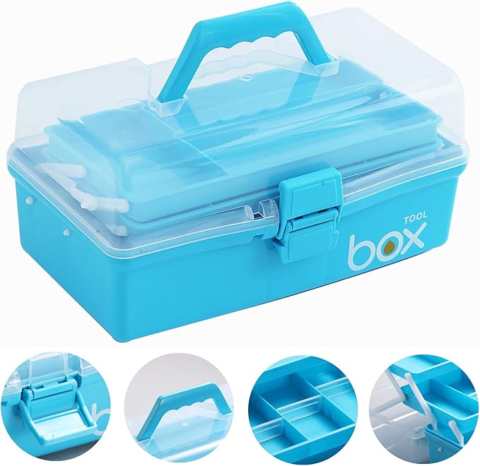 2PCS 12'' Three-Layer Clear Art Box Organizer, Multipurpose Plastic Craft Box with Handle (Blue)