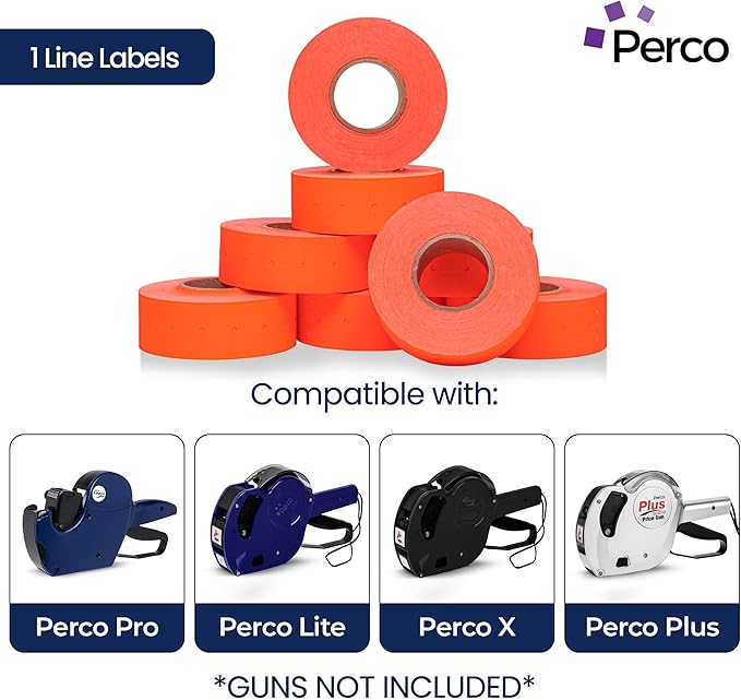 Perco 1 Line Fluorescent Red Labels - 32 Rolls, 4 Sleeves, 32,000 Blank Price and Date Gun Labels for Perco 1 Line Price and Date Guns - Made in USA