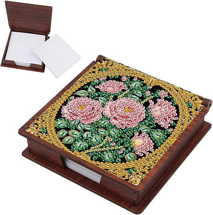 Wooden DIY Rose Diamond Art Notecard Box – DIY Gem Art Sticky Note Holder for Adults 160 Sheets Memo Pad Storage Desk