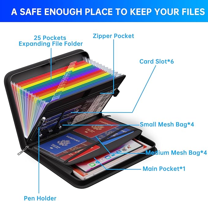 ENGPOW Accordion File Organizer,Fireproof Expanding File Folder with Colorful Pockets,25 Pockets Document Organizer with Handle & Labels,Portable Home Travel Safe Storage for Letter A4 Files,Black