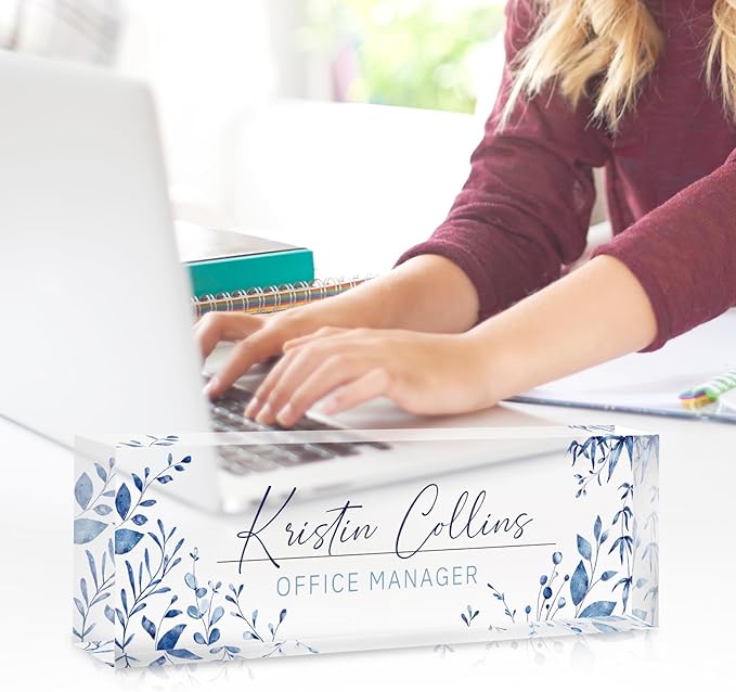 Custom Name Plate for Desk, Personalized Desk Name Plate on Clear Acrylic Glass, Appreciation Gifts for Teacher Employee Boss Coworkers Nurse, Office Desk Accessories for Women Men (Sky Blue)