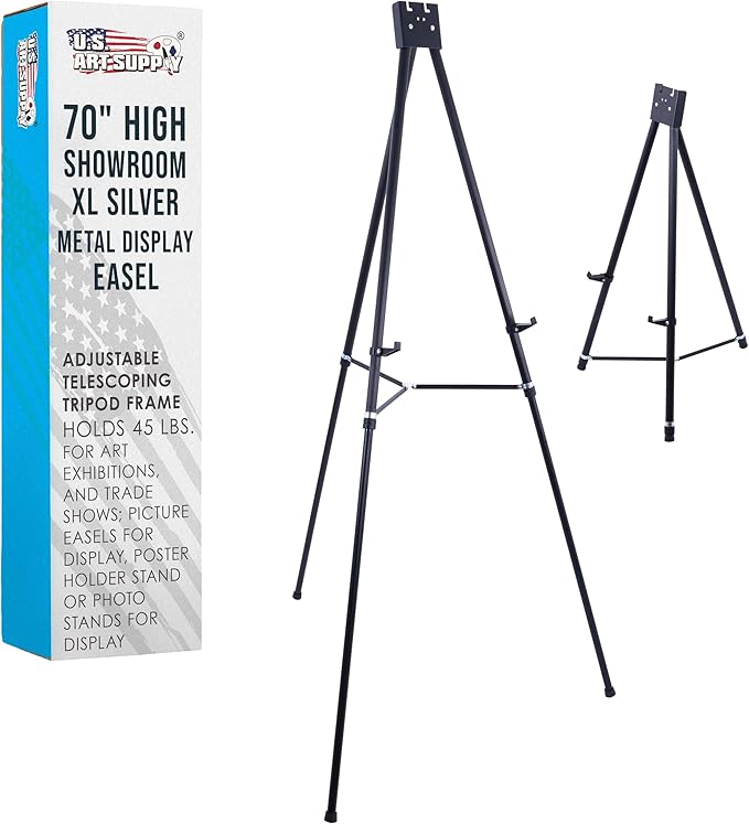 U.S. Art Supply 70" High Showroom XL Silver Metal Display Easel - Large Adjustable Height Portable Easel Stand, Sign Display, Holds 45 lbs - Floor & Tabletop Easels, Painting Stand