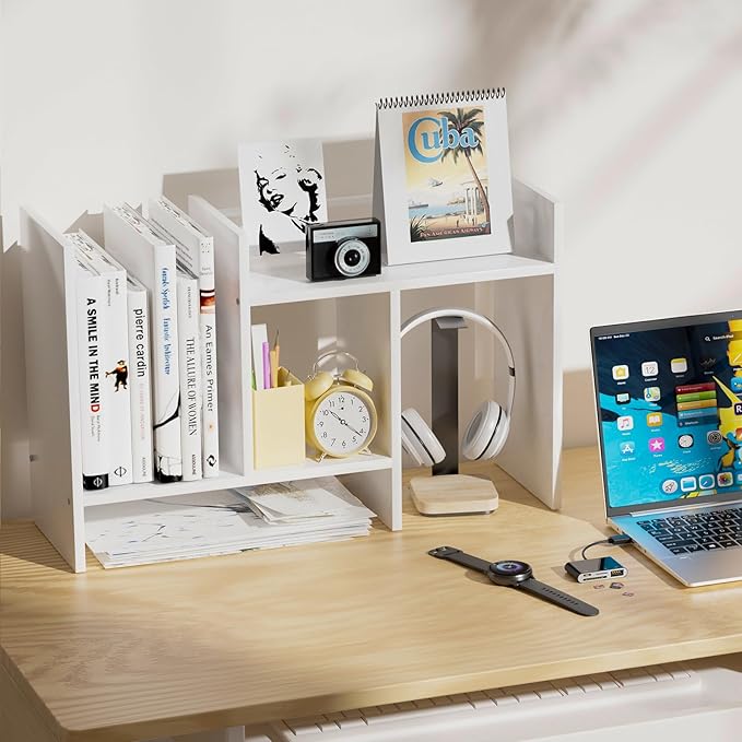 Desktop Organizer Shelf, Adjustable Wooden Double-Tier H-Shape Mini Bookcase, Multi-Use Office Storage Rack for Desk Top/Corner, Table Top Shelving & Office Organization Accessories (White)