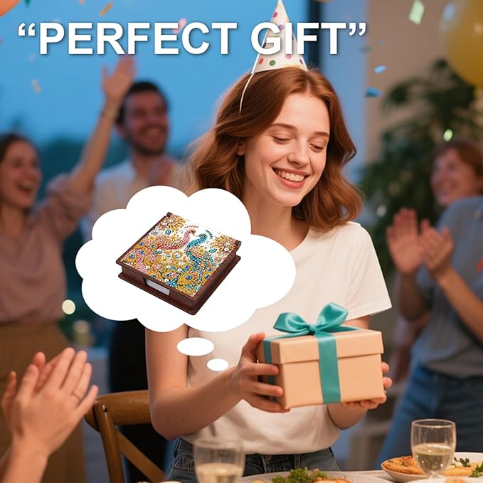 Wooden DIY Red Blue Peacock Diamond Art Notecard Box – DIY Gem Art Sticky Note Holder for Adults 160 Sheets Memo Pad Storage